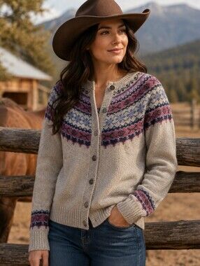 Vintage Eddie Bauer 90s Fair Isle Wool Blend Cardigan Sweater Women's Large